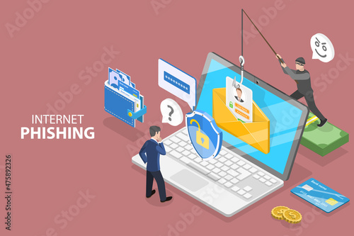 3D Isometric Flat Vector Conceptual Illustration of Internet Phishing, Cyber Fraud Warning, Online Scam Alert