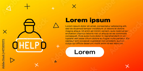Line Man with cardboard on the city street is asking for help icon isolated on yellow background. Poor homeless beggar. Homelessness problem. Colorful outline concept. Vector