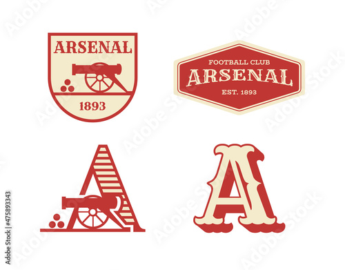 Graphic template of modern football logo for weapon gun production. Arsenal and cannon football logo.