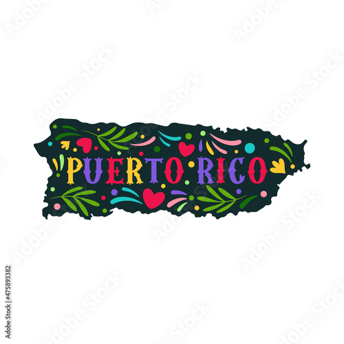 Puerto Rico map with doodle decorative ornaments. For printing on souvenirs and T-shirts