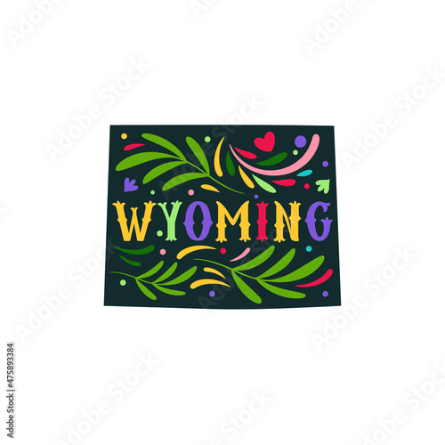Wyoming state map with doodle decorative ornaments. For printing on souvenirs and T-shirts