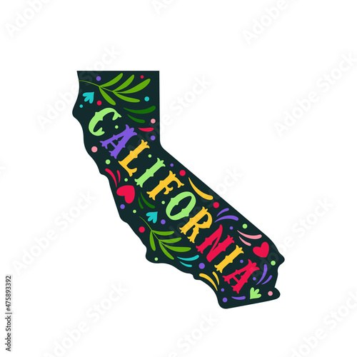 California state map with doodle decorative ornaments. For printing on souvenirs and T-shirts