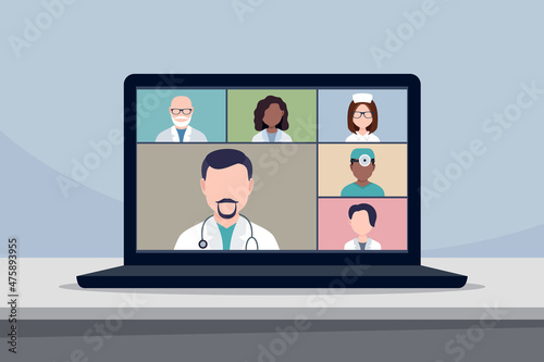 Virtual meeting of doctors, online business communication in a laptop.