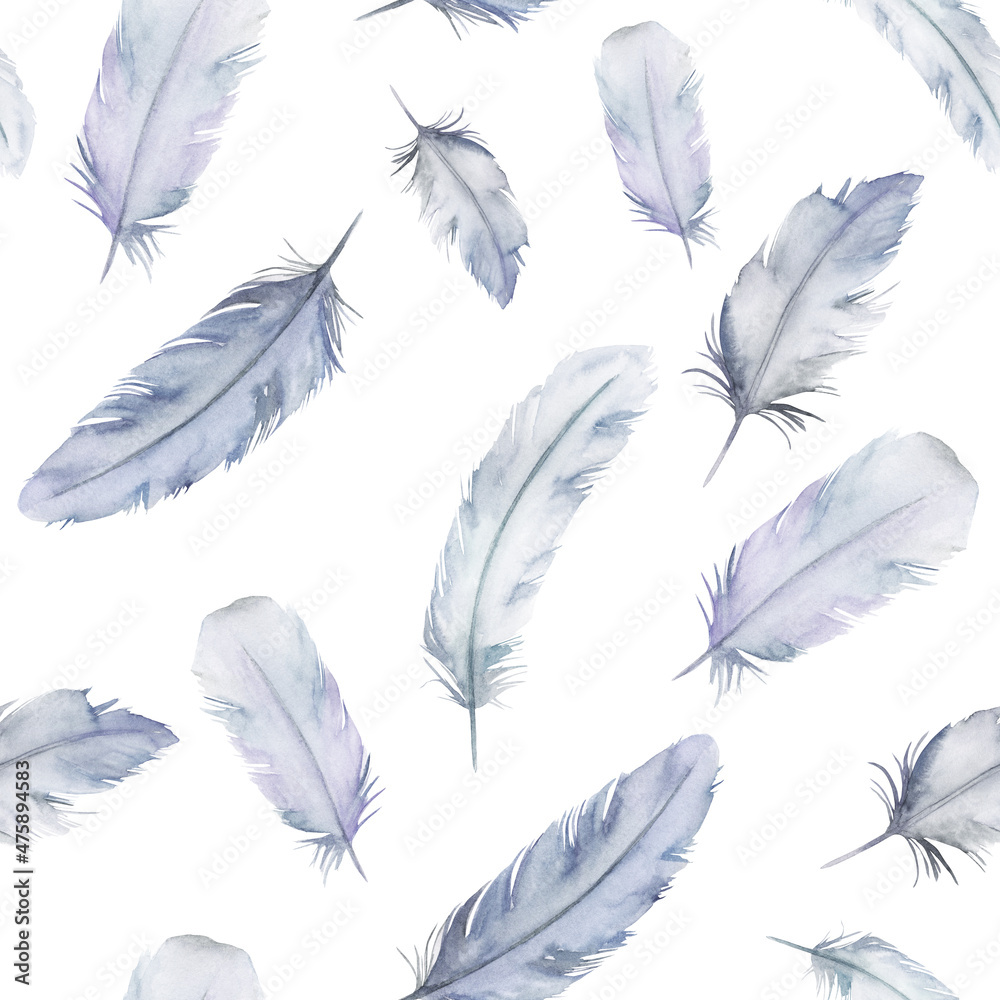 Watercolor feathers abstract seamless pattern. Hand drawn illustration on white background Watercolor feathers abstract seamless pattern. Hand drawn illustration on white background