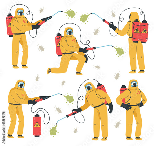 Disinfector workers character in different poses and scene concept illustration. Vector flat cartoon graphic design isolated set