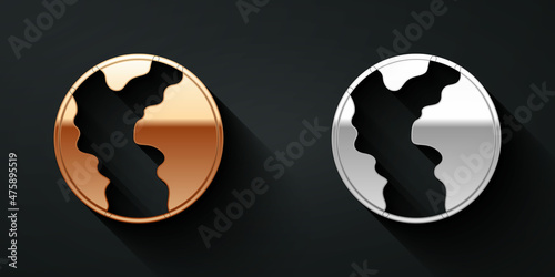 Gold and silver Global economic crisis icon isolated on black background. World finance crisis. Long shadow style. Vector