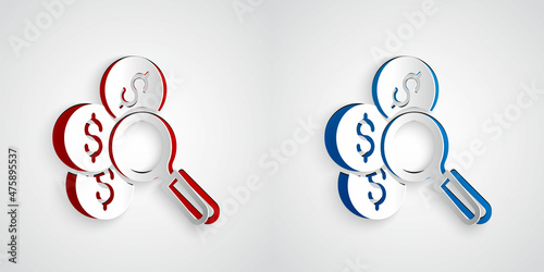 Paper cut Search for money icon isolated on grey background. Paper art style. Vector
