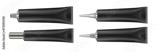 Set of 4 black tubes with long nozzle and silver caps. Cosmetic packaging. Serum or ointment. Gel or cream. Vector illustration isolated on a white background. 3d. Toothpaste