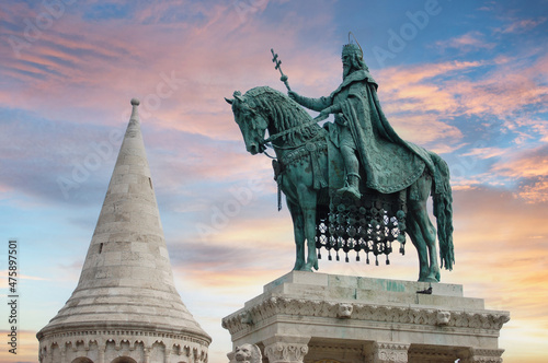Equestrian statue of King Saint Stephen I of Hungary, at evening photo