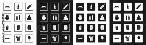 Set French hot dog, Sauce bottle, Khinkali on cutting board, Croissant, Onigiri, Bottle of water, Bag or packet potato chips and Paper glass with straw icon. Vector