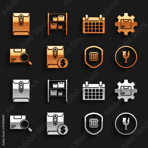 Set Envelope with dollar symbol, Gear wheel package box, Fragile broken glass, Delivery security shield, Search, Calendar, and Warehouse icon. Vector