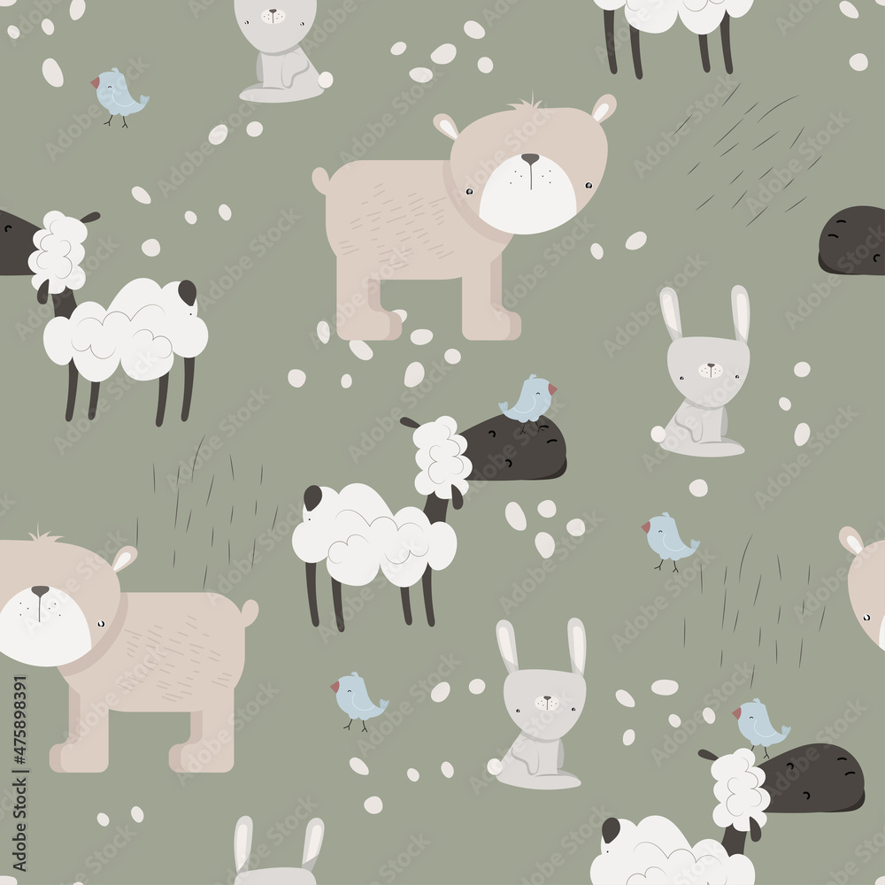 Seamless pattern with cute bear, hare, sheep and bird in Scandinavian style. Vector funny background for children. Seamless pattern with cute bear, hare, sheep and bird in Scandinavian style. Vector funny background for children.