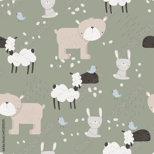 Seamless pattern with cute bear,  hare, sheep and bird in Scandinavian style. Vector funny background for children. © Елизавета Хрусталева