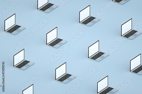 Mockup set of many open laptop on blue background. Isometric view. 3d render