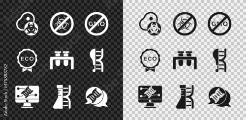 Set Genetically modified meat, Stop GMO, No, engineering modification, DNA research, search, symbol, Label for eco healthy food and Test tube and flask icon. Vector