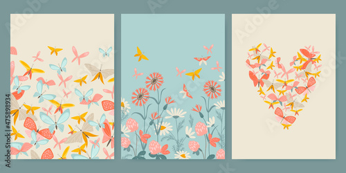 Set of vector illustrations for Valentine's Day with butterflies and wildflowers