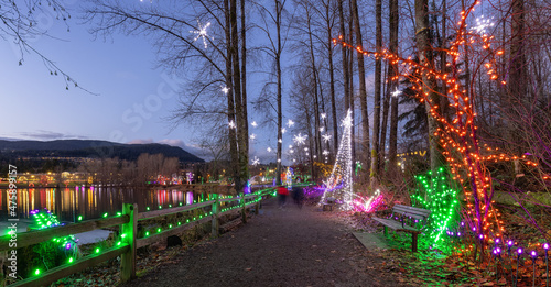 Trail in a park around Lafarge Lake with Christmas Lights. Located in Coquitlam  Greater Vancouver  British Columbia  Canada.