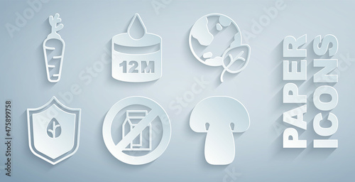 Set No pack of milk, Earth globe and leaf, Vegan food diet, Mushroom, Organic cosmetic and Carrot icon. Vector