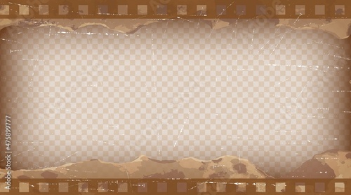 Old brown cinematic frame on a transparent background. Scratched vintage video or photo tape. 3d realistic screen in retro style with grunge pattern. Antique slide template. Vector card illustration