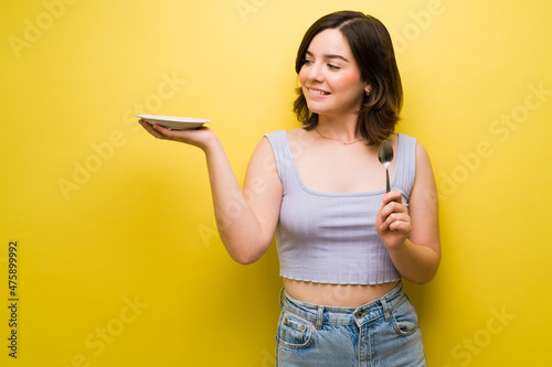 Young woman wants delicious food