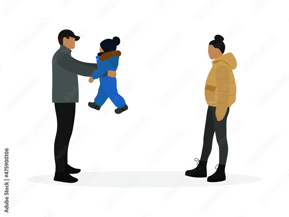 Male character, female character and child in warm clothes on a white background Male character, female character and child in warm clothes on a white background