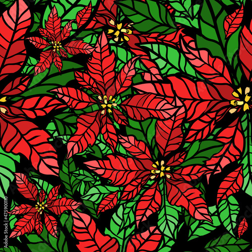 Poinsettia flower. Vector illustration of a traditional Christmas flower. Seamless background.