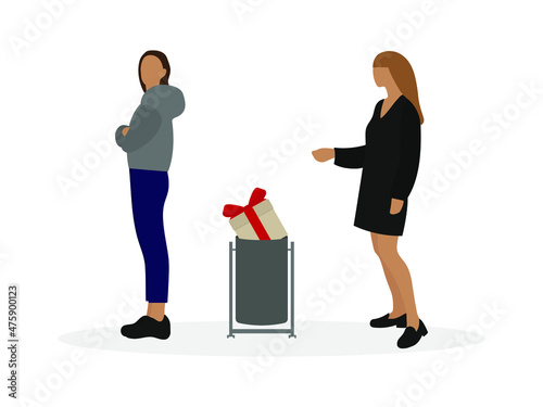 Two female characters and a gift box with a red bow in the trash can on a white background