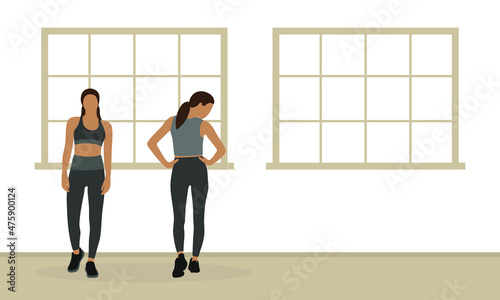 Two female characters in sportswear against the background of a wall with windows