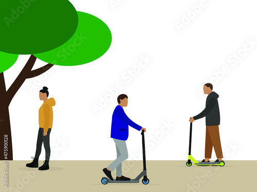 Two male characters on scooters and female character outdoors in summer