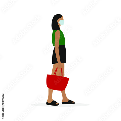 Young female character in summer clothes, a medical mask and with a bag in hand stands on a white background