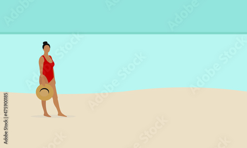 Female character in red swimsuit and hat in hand stands on the beach