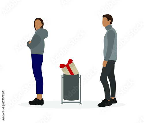 Male character, female character and gift box with red bow in trash can on white background