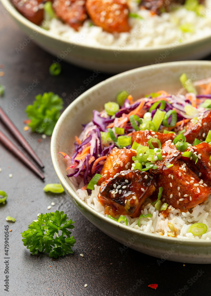 Vegan fried tempeh with rice and vegetables. Asian healthy food Vegan fried tempeh with rice and vegetables. Asian healthy food