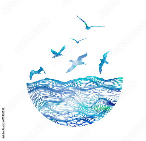 Abstract design of ocean logo with waves and seagulls. Vector illustration