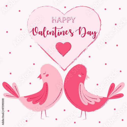 Cute greeting card for valentine's day, february 14, with hand drawn congratulatory lettering and cute birds in cartoon style. Vector illustration for printing postcards, templates, banners.