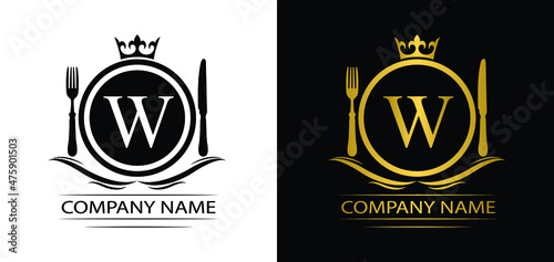 letter W restaurant logo template luxury royal food  vector company  decorative emblem with crown  
