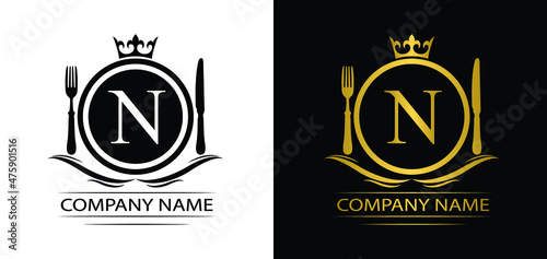 letter N restaurant logo template luxury royal food  vector company  decorative emblem with crown  
