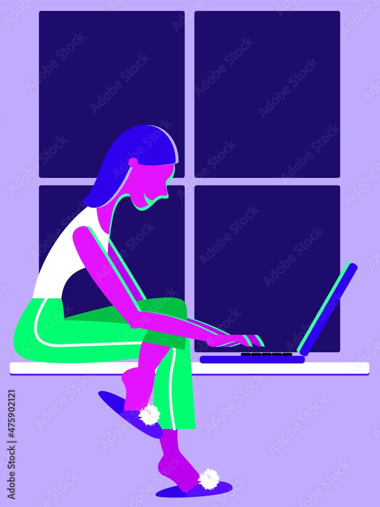 Naklejka premium A young woman sits on a windowsill in a T-shirt, shorts and slippers and works on a laptop in the evening. Concept-remote work at home