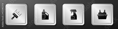 Set Rubber cleaner for windows, Bottle cleaning agent, Cleaning spray bottle and Basin with shirt icon. Silver square button. Vector
