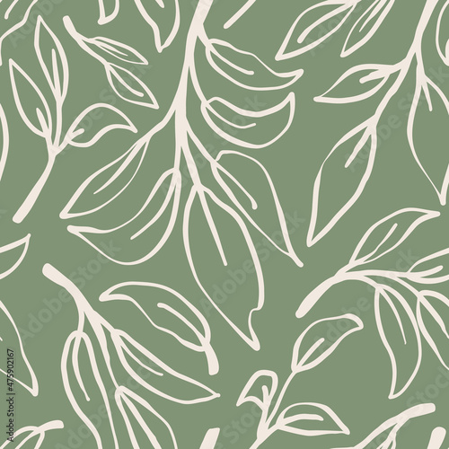Herbs outlined seamless repeat pattern. Random placed, vector botany leaves all over surface print on jade green background.