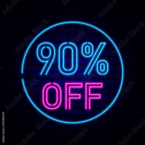 90 percent SALE glowing neon lamp sign. Vector illustration.