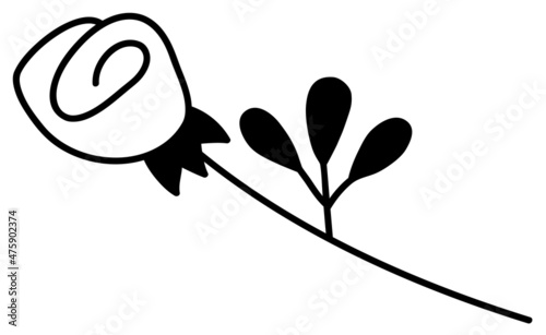 Hand drawn cartoon illustration of outline rose bud with leafs. Plant, nature. Cute doodle simple floral valentines day line art. Flat vector love, romantic, sticker, line icon or print. Isolated.