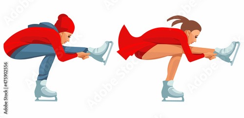Two vector figures of a girl on skates who sits spin