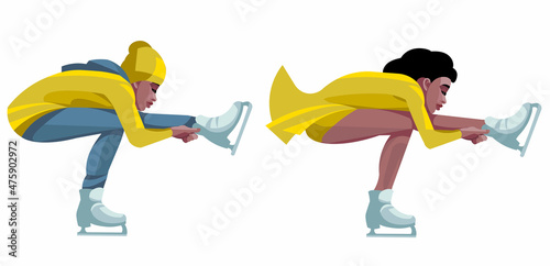 Dark-skinned figure skater girl does a spin while sitting on one leg