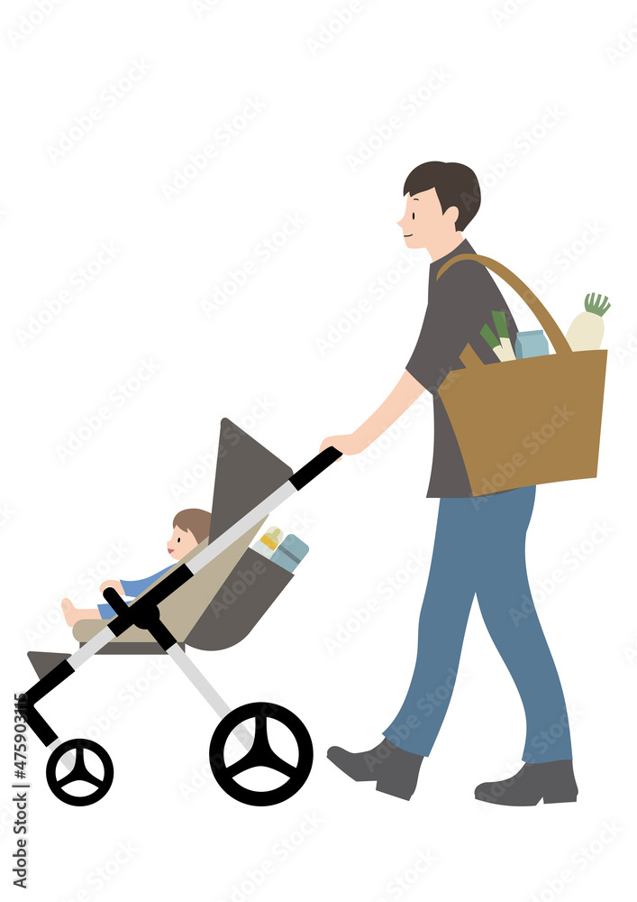 買い物の荷物を肩に下げ、赤ちゃんと、水筒・哺乳瓶がのったベビーカーを押す男性