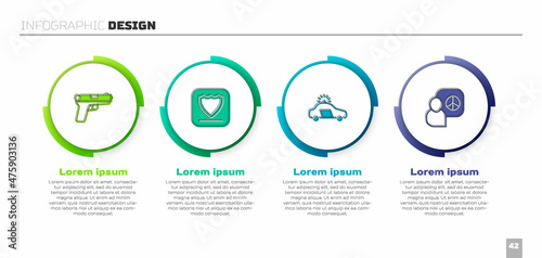 Set Pistol or gun, Shield, Police car and flasher and Peace talks. Business infographic template. Vector