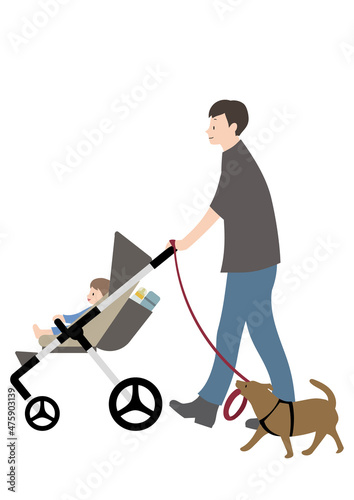 赤ちゃんと、水筒と哺乳瓶が入ったベビーカーを押しながら犬の散歩をする男性