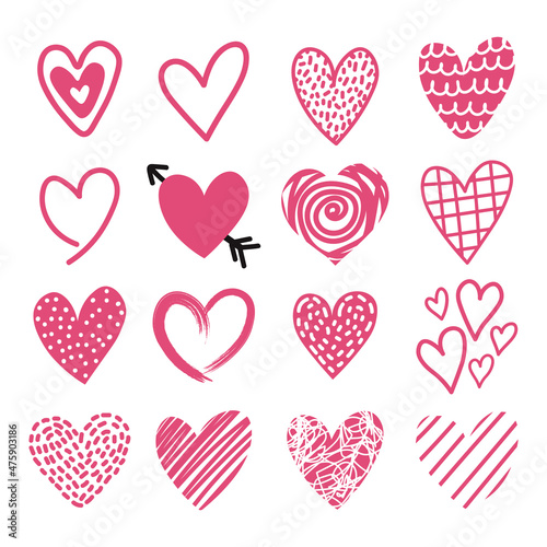 Set of different decorative cliparts hearts. Doodle hand drawn hearts collection