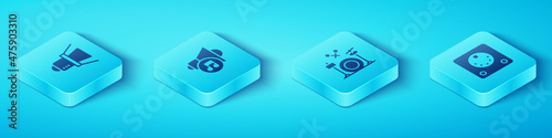 Set Isometric Movie spotlight, Speaker volume, Drum machine and Drums icon. Vector