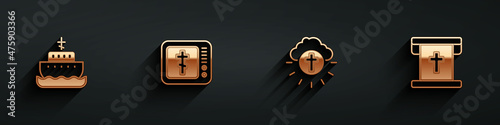 Set Ark of noah, Online church pastor preaching, Religious cross circle and Flag with christian icon with long shadow. Vector